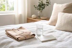 Cinta compressiva dobrada sobre a cama ao lado de um copo de água, em ambiente tranquilo de recuperação pós-operatória